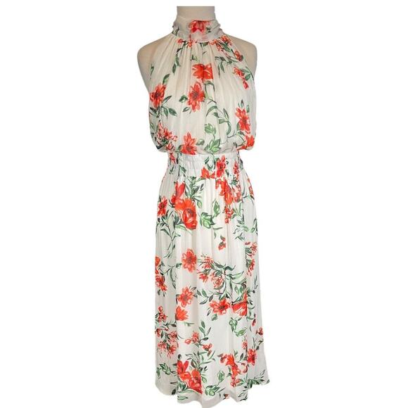 Calvin Klein Floral Print A-Line Halter Dress Chiffon Smocked Waist Tie at Back - Picture 2 of 14